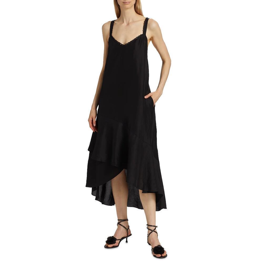 B55 Kobi Halperin Aubrey Linen Blend High Low Midi Dress L Black Flowy Cocktail‎